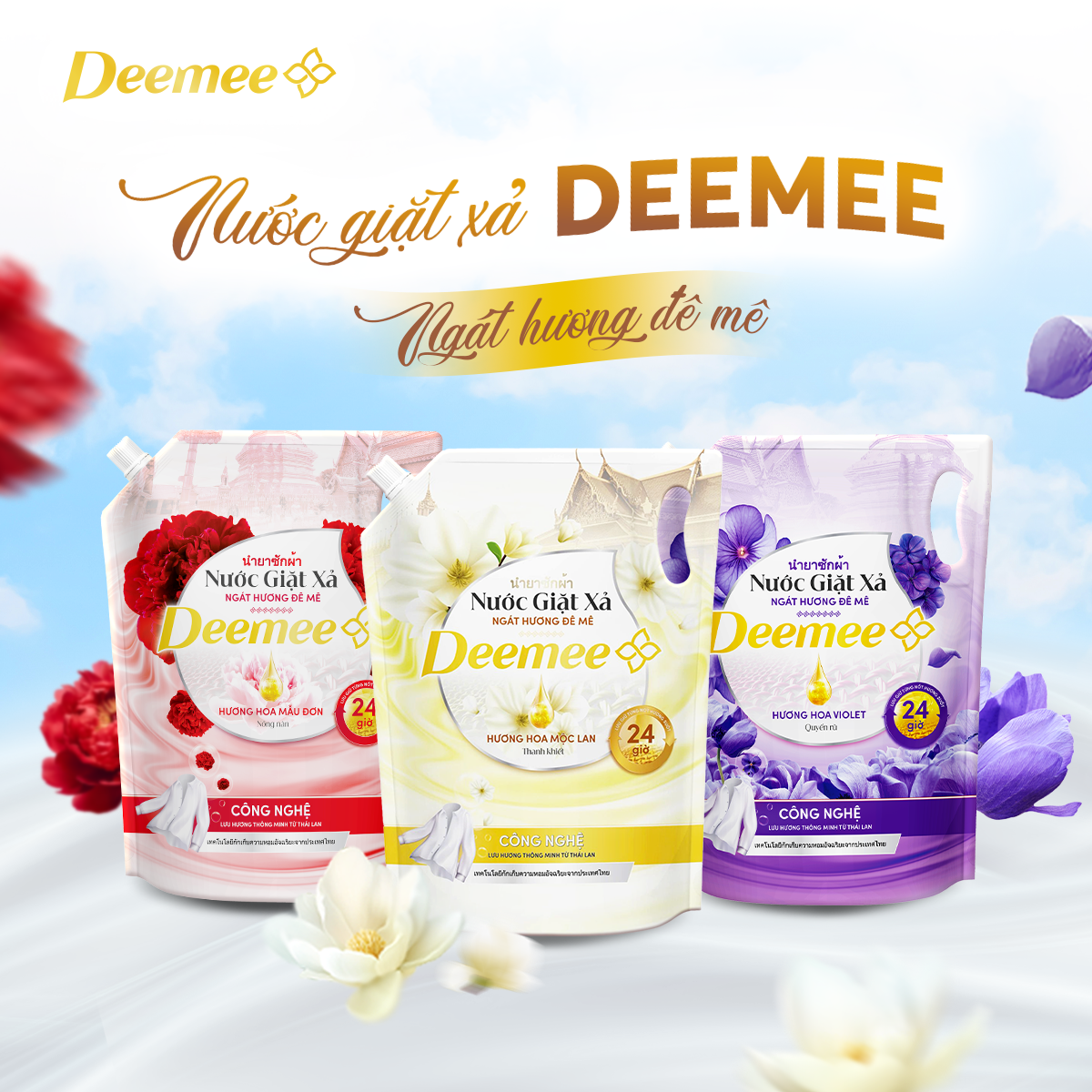 Nước giặt xả Deemee Hương Hoa Violet, Mộc Lan, Mẫu Đơn - Hàng Chính Hãng
